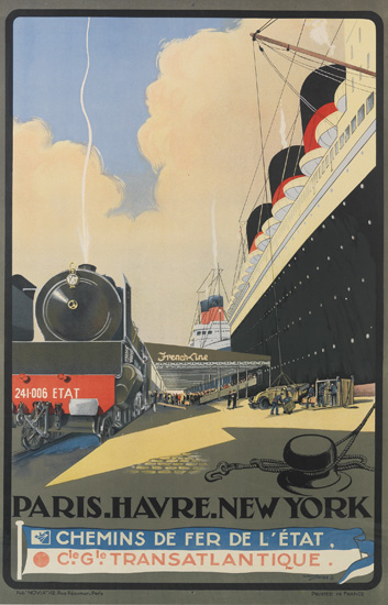 ALBERT SEBILLE (1874-1953). FRENCH LINE / PARIS - HAVRE - NEW YORK [ILE DE FRANCE.] Circa 1930. 38x25 inches, 98x63 cm. "Nova," Paris.